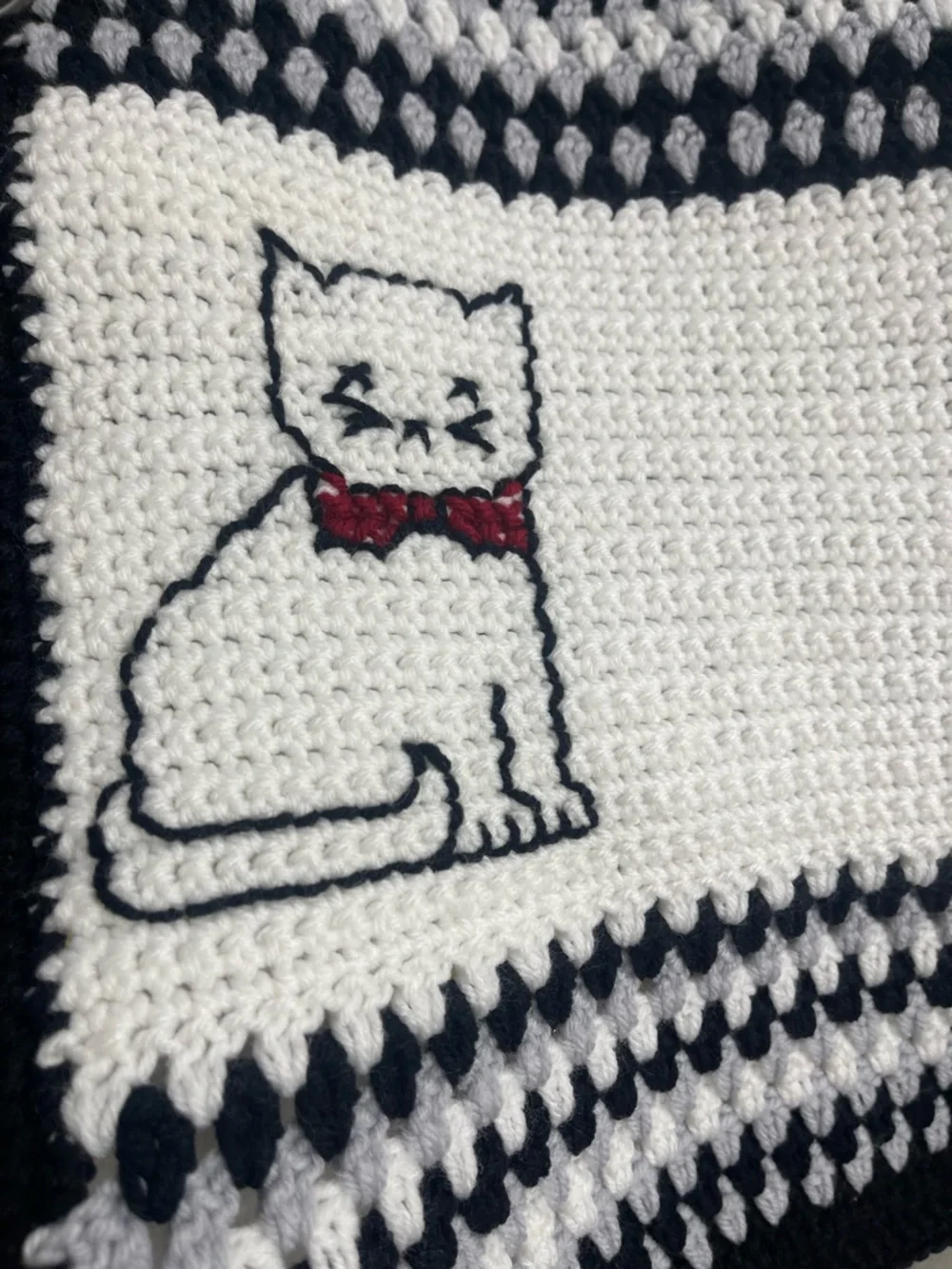 Granny Handmade Crochet Blanket White, Black and Gray Embroidered White Cat